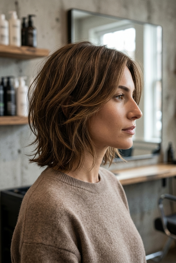 The Trixie Cut A woman with a layered trixie haircut wearing a cashmere crewneck sweater in a hair salon