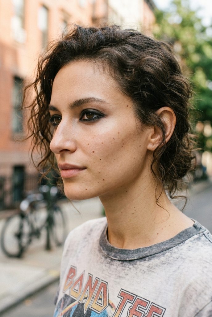 Woman with a smudgy undone kohl liner eye look in side profile on a street wearing a graphic tee