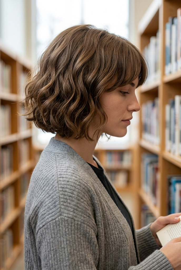 The Wavy Bob with Curtain Bangs Woman with a wavy chin length bob and curtain bangs blending naturally into soft wavy layers