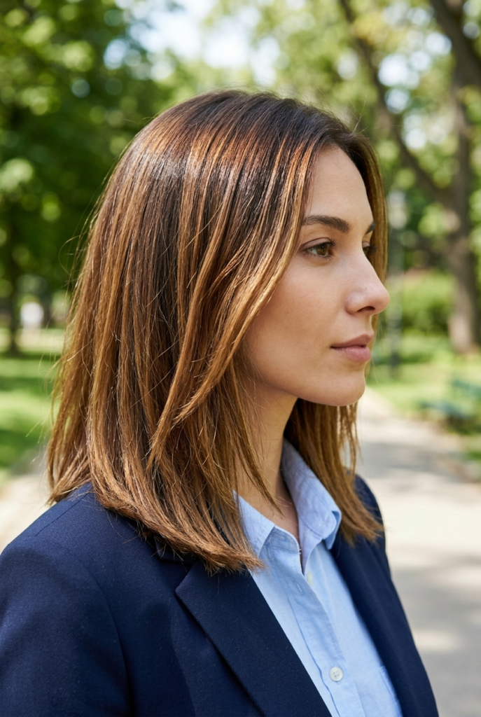 Woman with toffee balayage brown hair wearing office wear in a park
