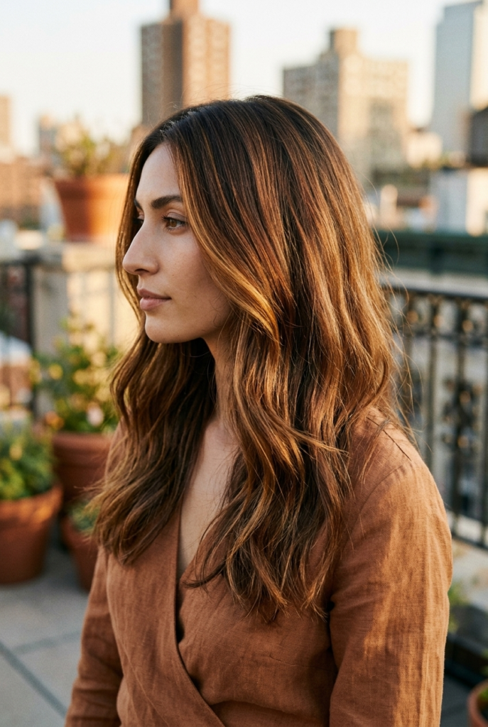 Woman with tortoiseshell brunette hair wearing a wrap blouse on a rooftop terrace