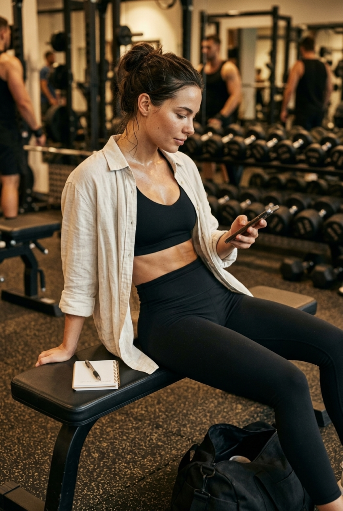 Track Your Lifts — Even If It Feels Tedious Colombian woman tracking her workout on a phone app while sitting on a gym bench between sets