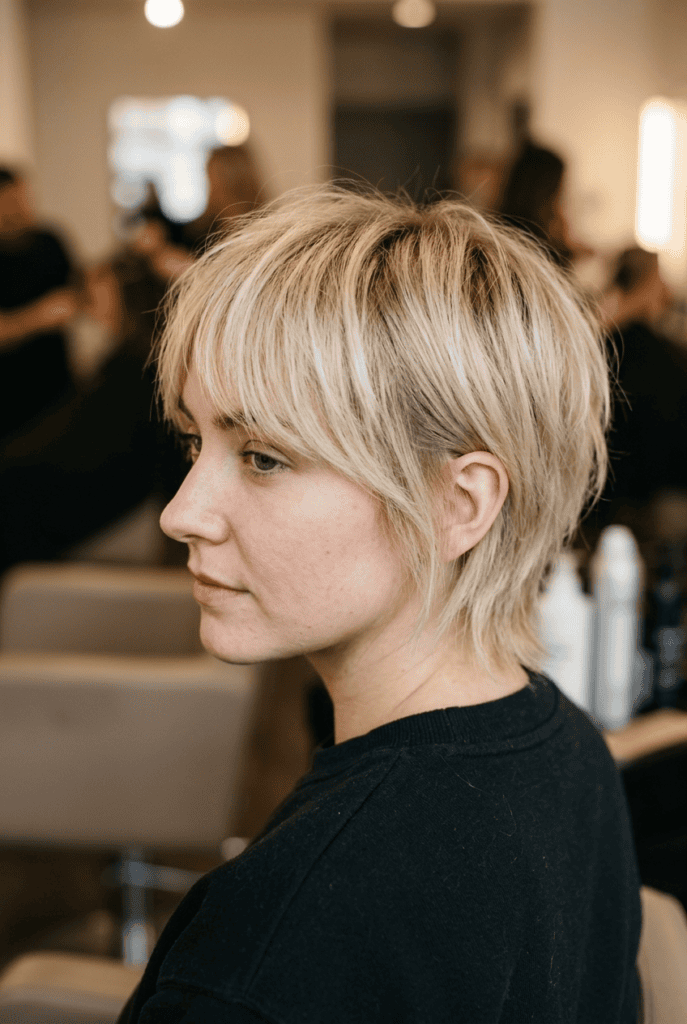 Trixie Woman with an oval face wearing a trixie haircut with fringe