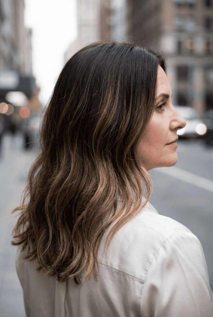 Try Balayage for a Soft, Hand-Painted Blend Mature woman with dark hair and soft balayage highlights fading through the ends