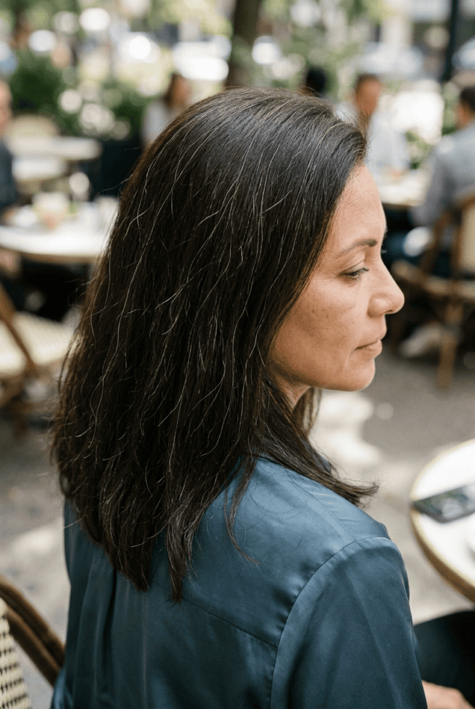 Try Strand Lights for a Barely-There Sparkle Mature woman with dark hair and scattered strand lights creating a subtle shimmer