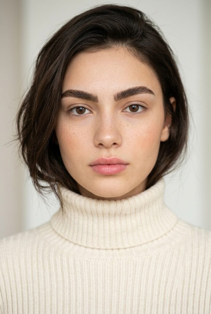 Turkish teen girl with bold defined brows and bare natural skin, minimal makeup look