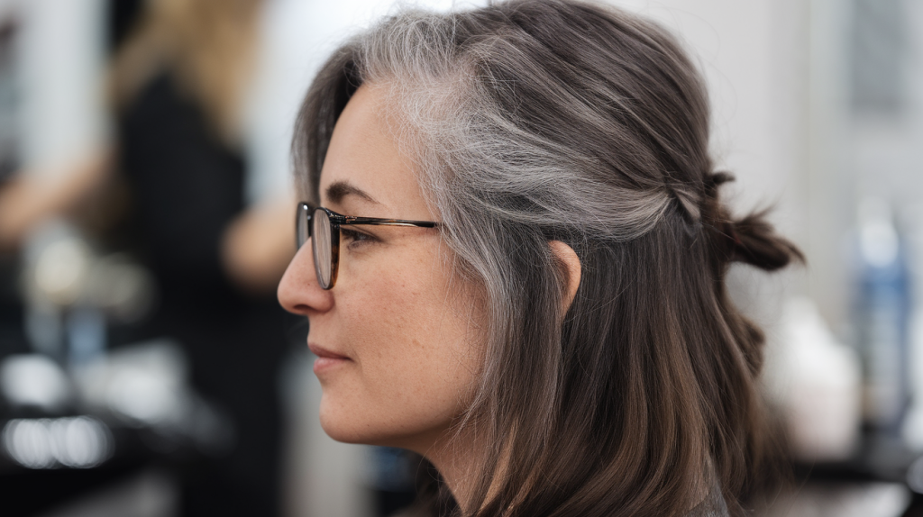 A side profile photo of a 40-year-old woman with gray hair growing out and dyed at a salon. The woman has brown hair with gray roots. She is wearing glasses and has her hair tied up. The background is blurred and contains salon equipment.