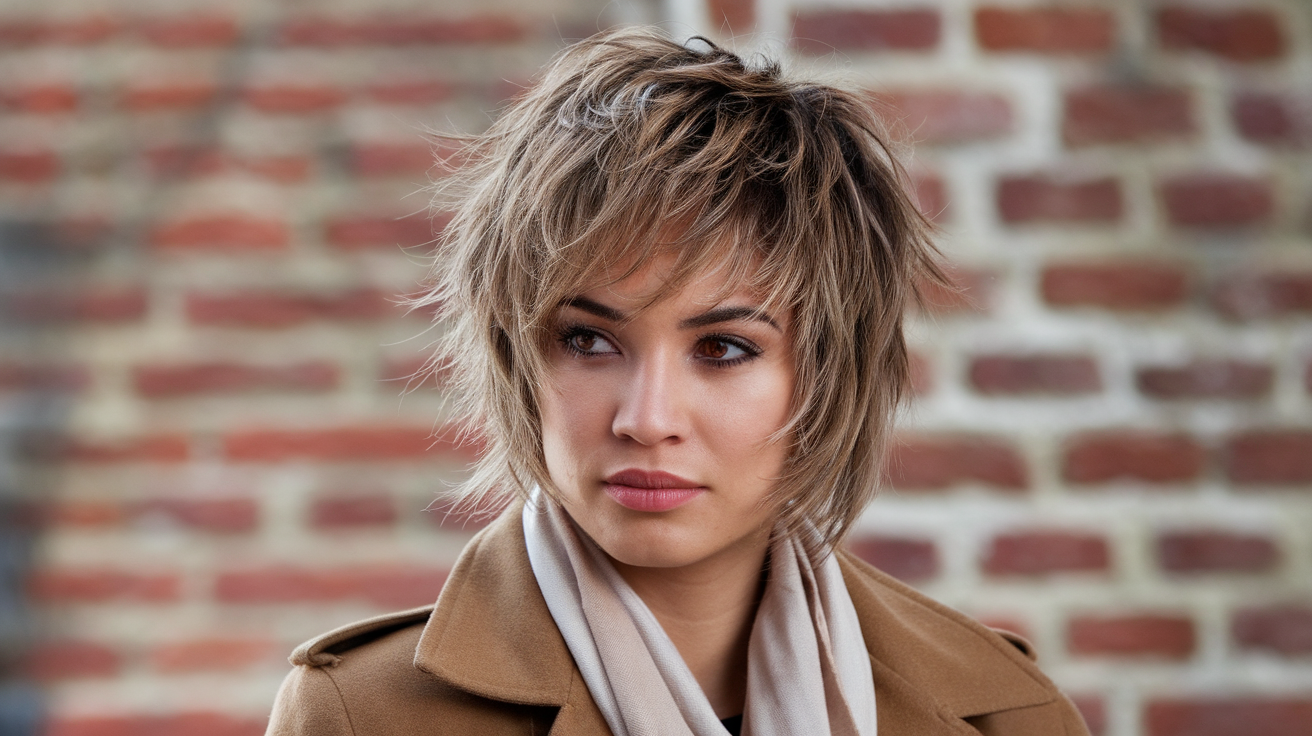 A photo of a Dominican woman with choppy layered haircuts. She is wearing a brown coat and a beige scarf. The background is a brick wall. The image is taken in soft natural light.