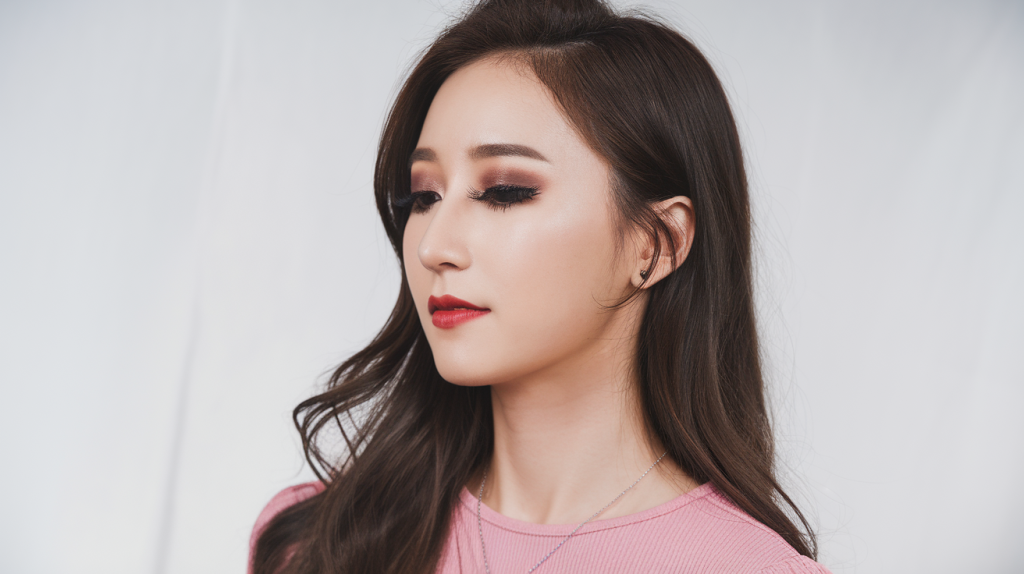 A side profile photo of a Korean woman with makeup. She has long, dark hair and is wearing a pink top and a necklace. Her makeup includes dark brown eyeshadow, false lashes, and red lipstick. The background is white.