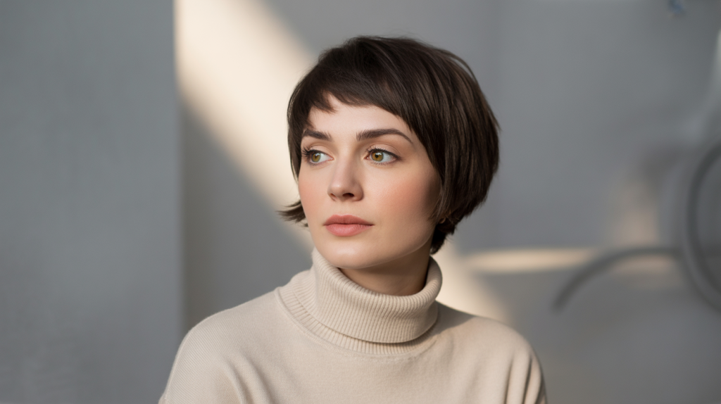 A studio portrait photograph of a young Bulgarian woman with a short, choppy dark-brown haircut and expressive hazel eyes.