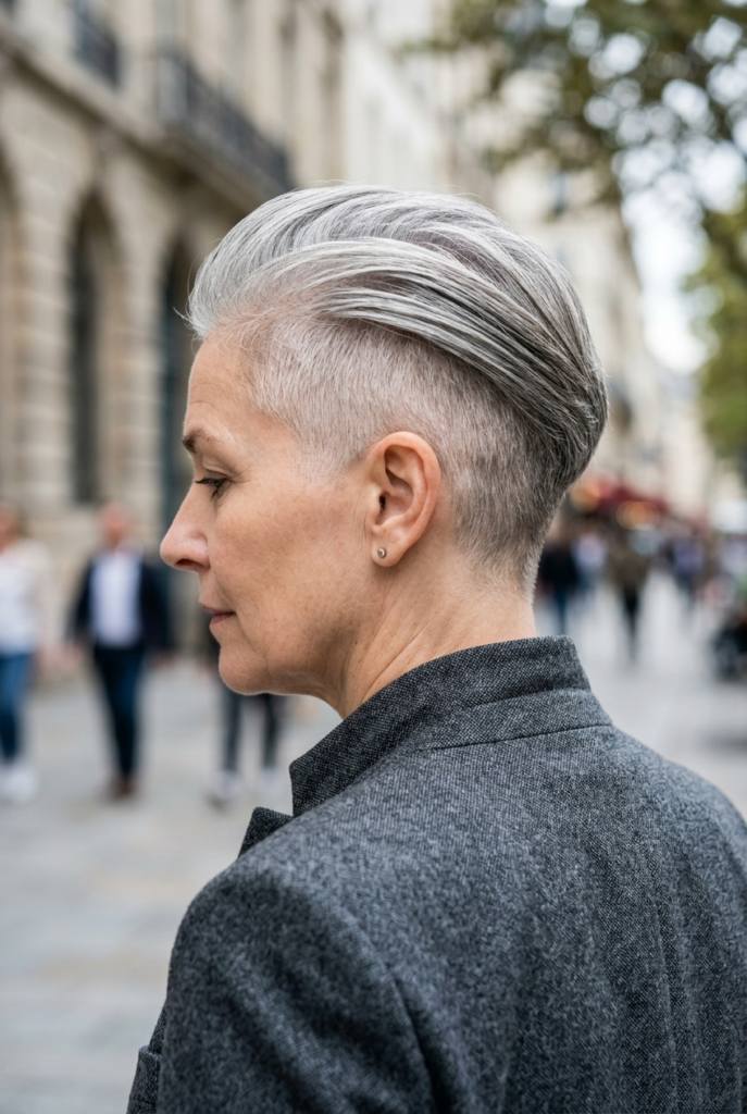 Mature woman with undercut pixie and longer top