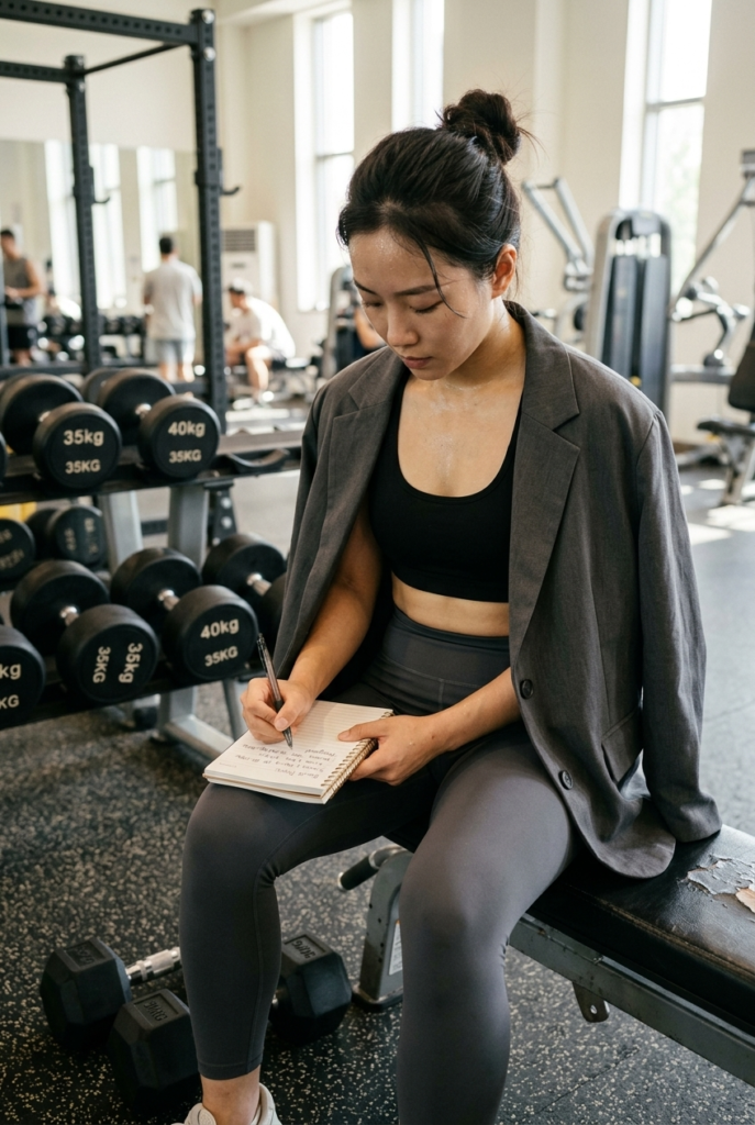 Chinese woman writing in a workout notebook on a gym bench between sets