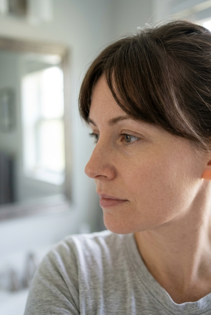 Woman with French bangs refreshed with dry shampoo at the roots