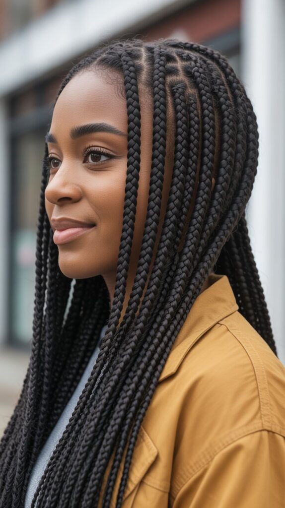 Black woman in side profile wearing neat box braids as a protective style for her Type 4 natural black hair