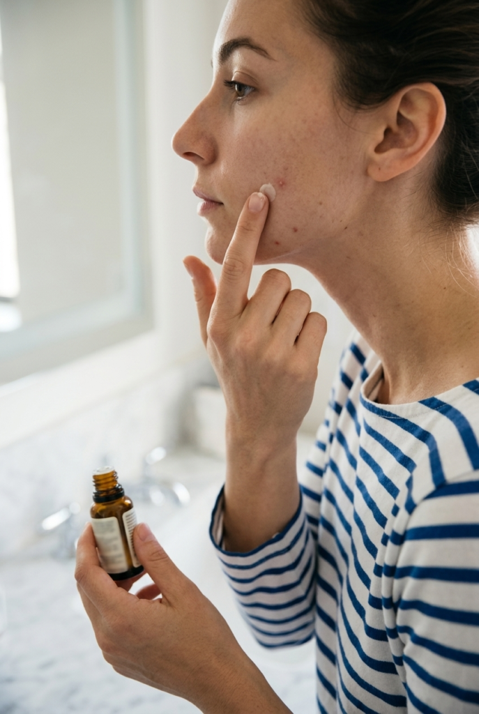 Use Salicylic Acid Strategically — Not All Over Your Face Woman applying a targeted spot treatment to a single blemish in a bathroom wearing a striped mariniere top