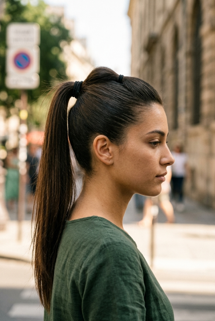 Use the Double-Elastic Bump Method Woman with a sleek ponytail showing a raised bump between two elastics