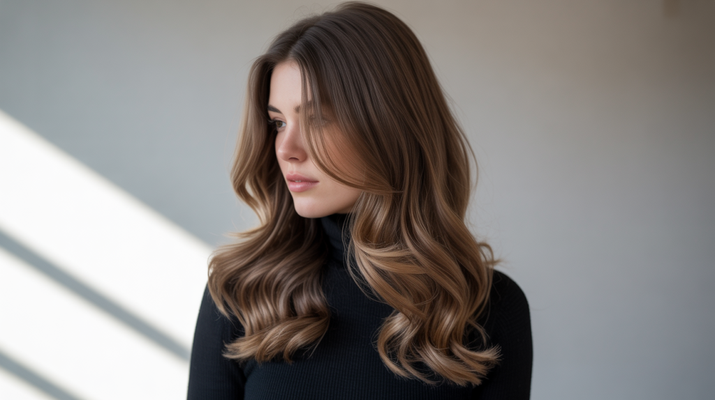 A professional portrait photograph showcases a young woman with long, wavy brunette hair exhibiting a sophisticated balayage technique, captured in a side profile view.