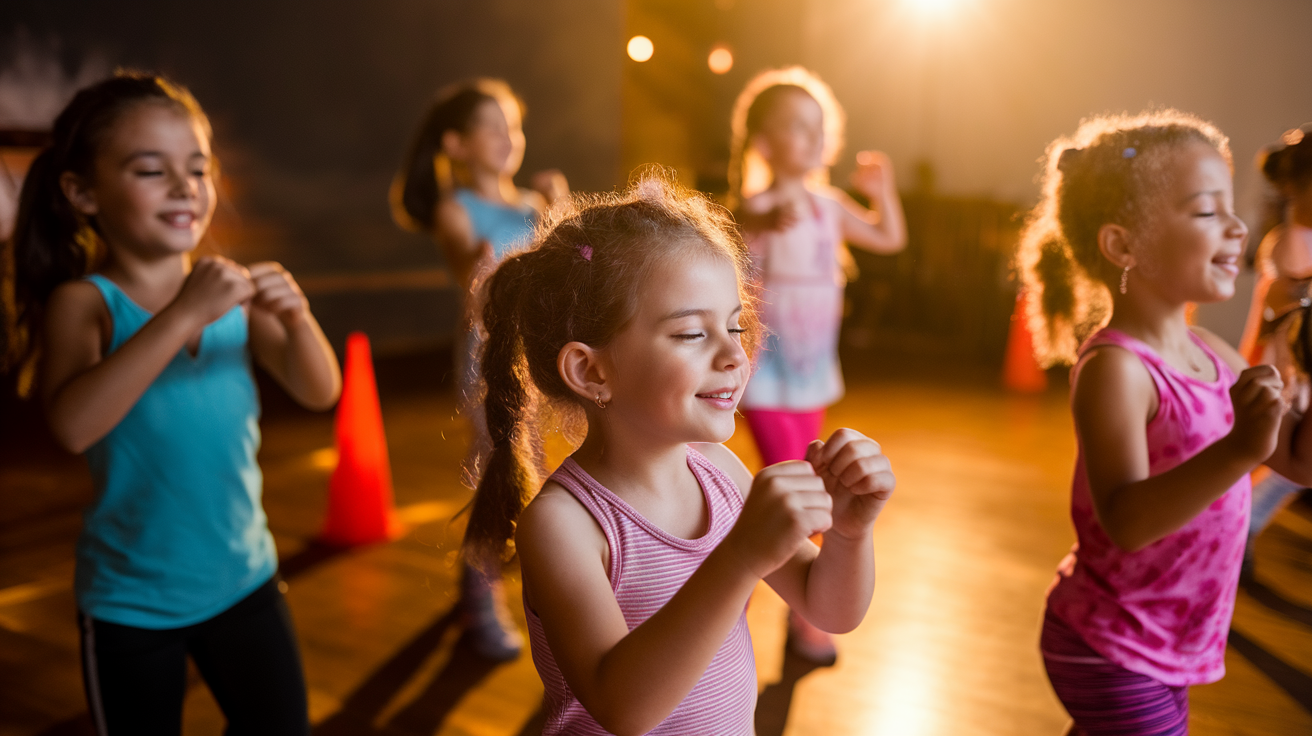 A photo of a Zumba workout for kids in warm lighting. There are multiple children in the photo, all with their eyes closed, dancing along to the music. The background is a room with a wooden floor and some orange cones. The lighting is warm, with a soft glow.