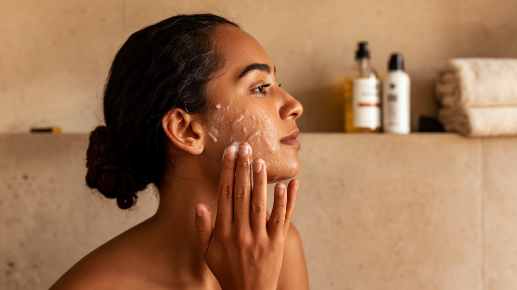 A side profile photo of an Antiguan woman with acne-prone oily skin applying cleanser. The lighting is warm. The background is a beige wall with a few items, including a bottle of cleanser and a towel.