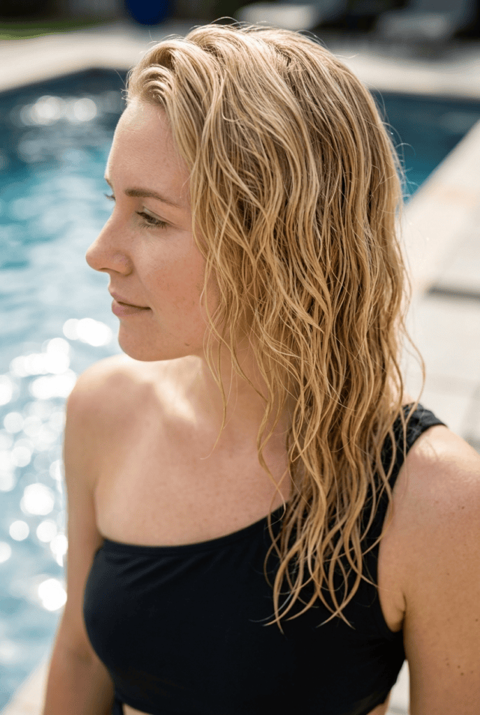 Vitamin C Treatments Wet blonde hair with true golden tone poolside after a clarifying treatment