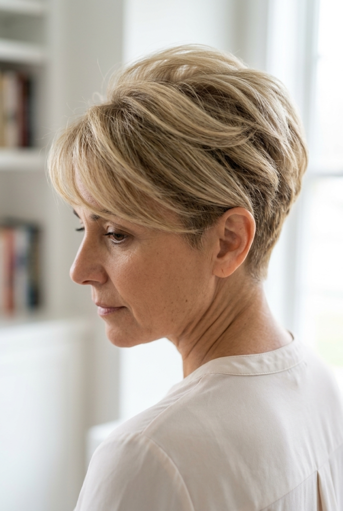 Woman with voluminous crown pixie haircut and side swept bangs