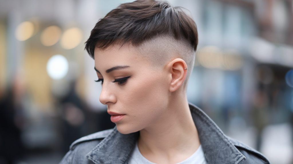 woman with an undercut pixie haircut. The woman has short hair on top and longer hair on the sides