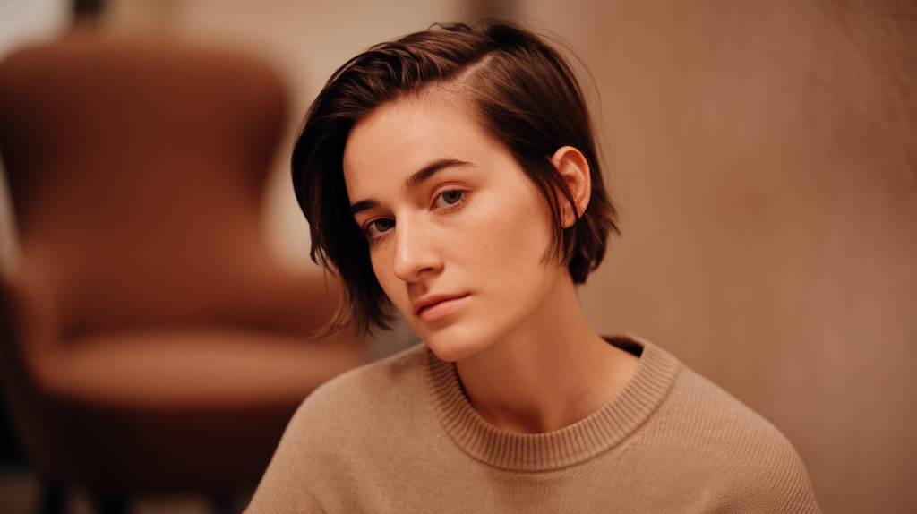 A photo of a woman with a short haircut. She has dark hair. The woman is wearing a beige sweater. The background is blurred and contains a brown chair and a beige wall. The lighting is warm.