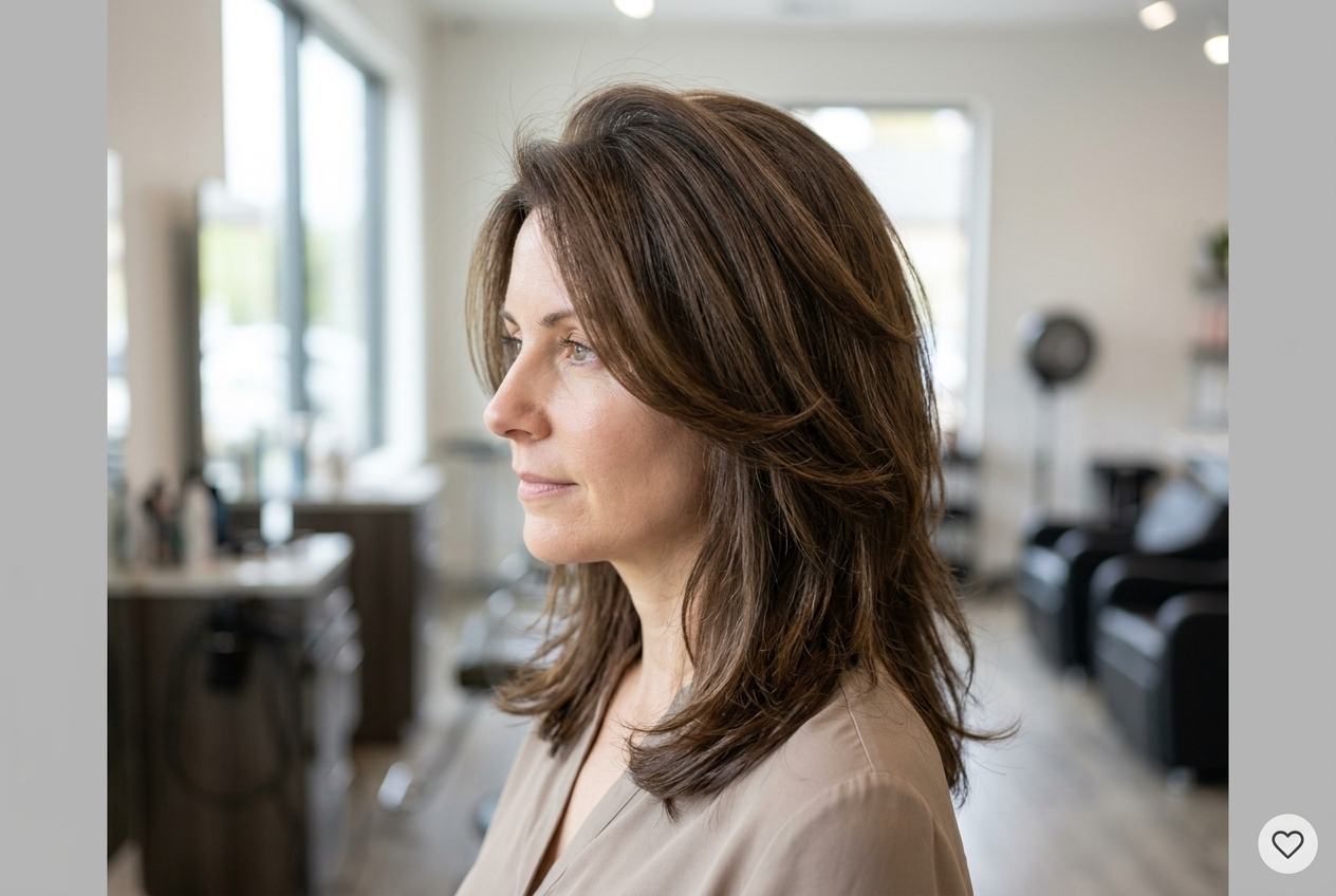 Woman with layered haircut showing lifted volume and face framing