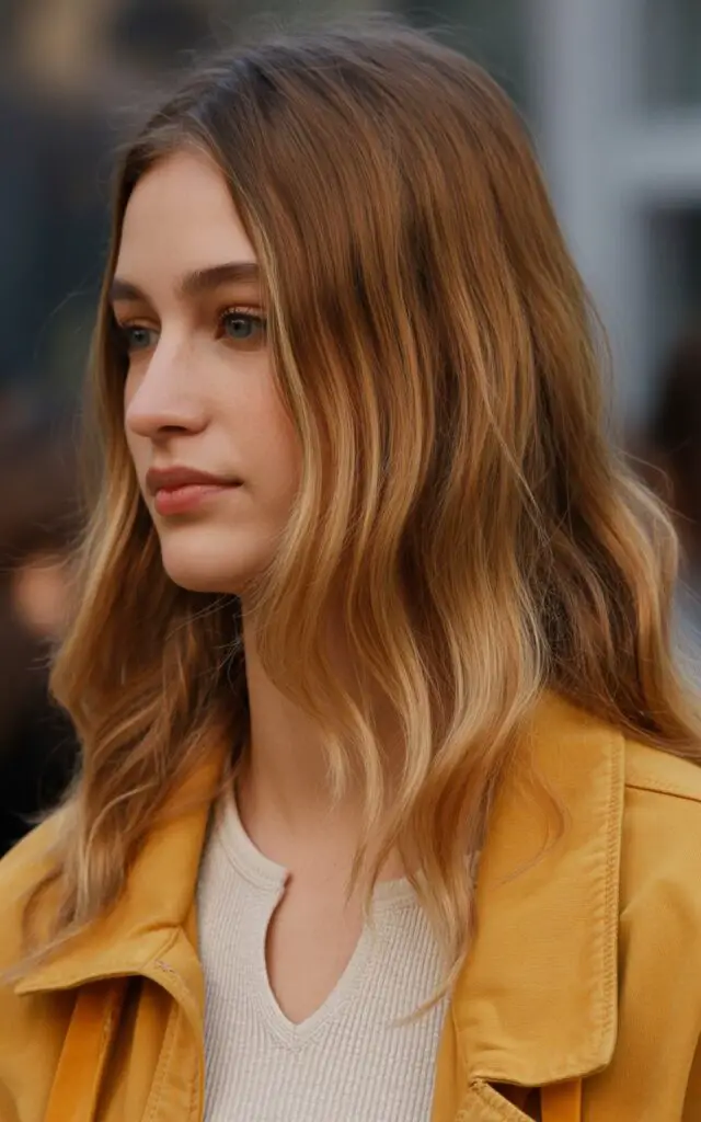 Warm Honey Bronde hair with golden caramel and honey highlights creating sun-kissed glow