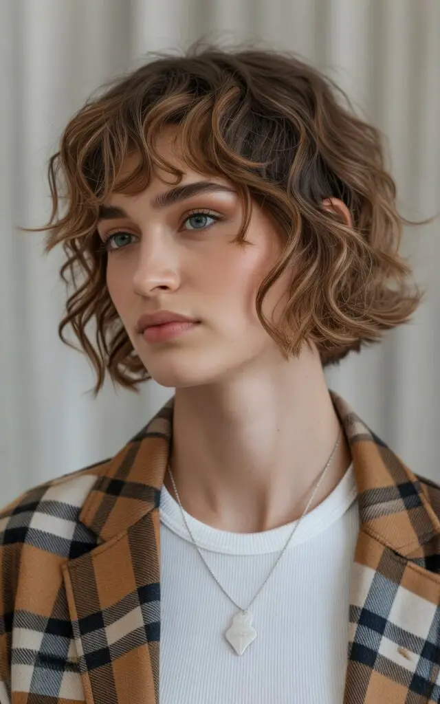 Wavy Shaggy Bob with Bottleneck Bangs for Oblong Face Face