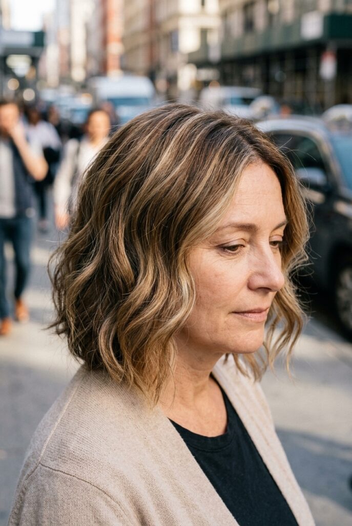 Wavy bronde bob haircut on a woman over 50