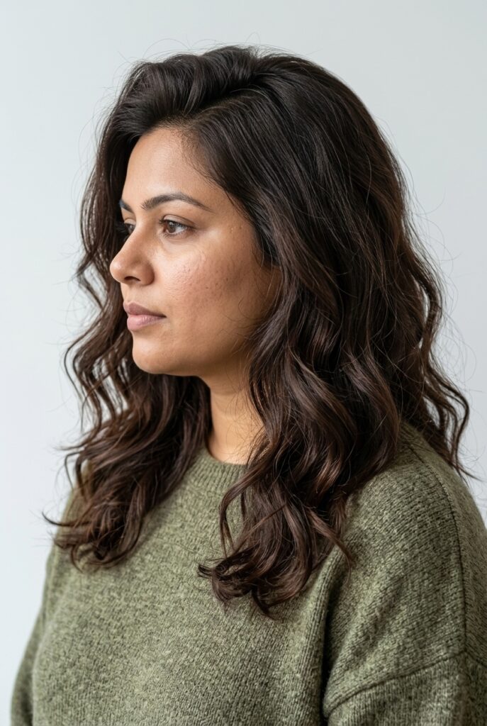 Wavy medium-length hair with volume at the crown