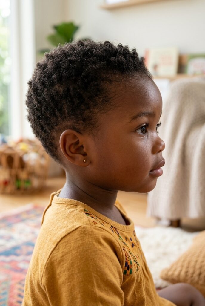 West African toddler girl, closeup to her pixie cut