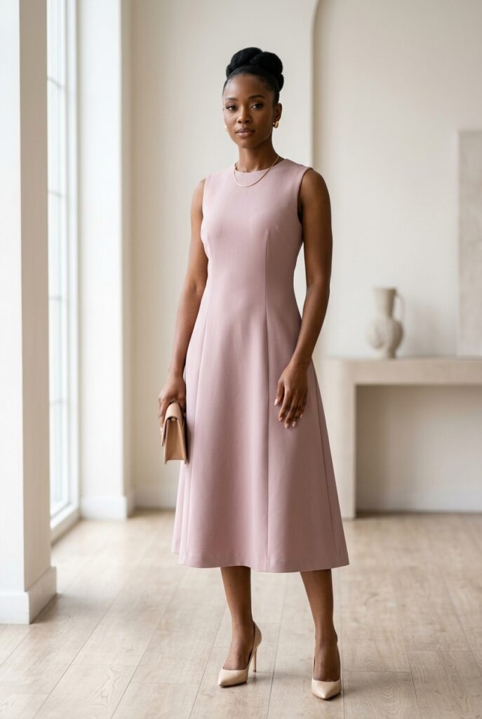West African woman in a structured dusty powder pink midi dress standing in a bright minimal interior