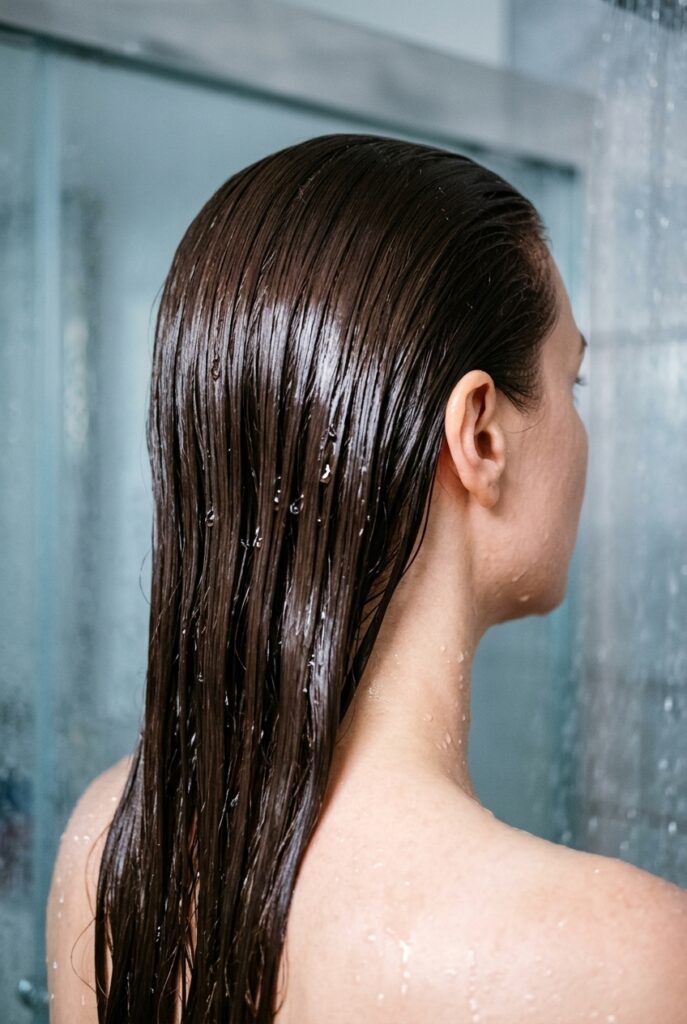 Wet glossy brunette hair after a cool water rinse Wet glossy brunette hair after a cool water rinse