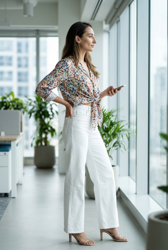 White Wide-Leg Jeans + a Tie-Front Top A woman wearing white wide leg jeans and a colorful printed tie front blouse with strappy heeled sandals in a bright modern office