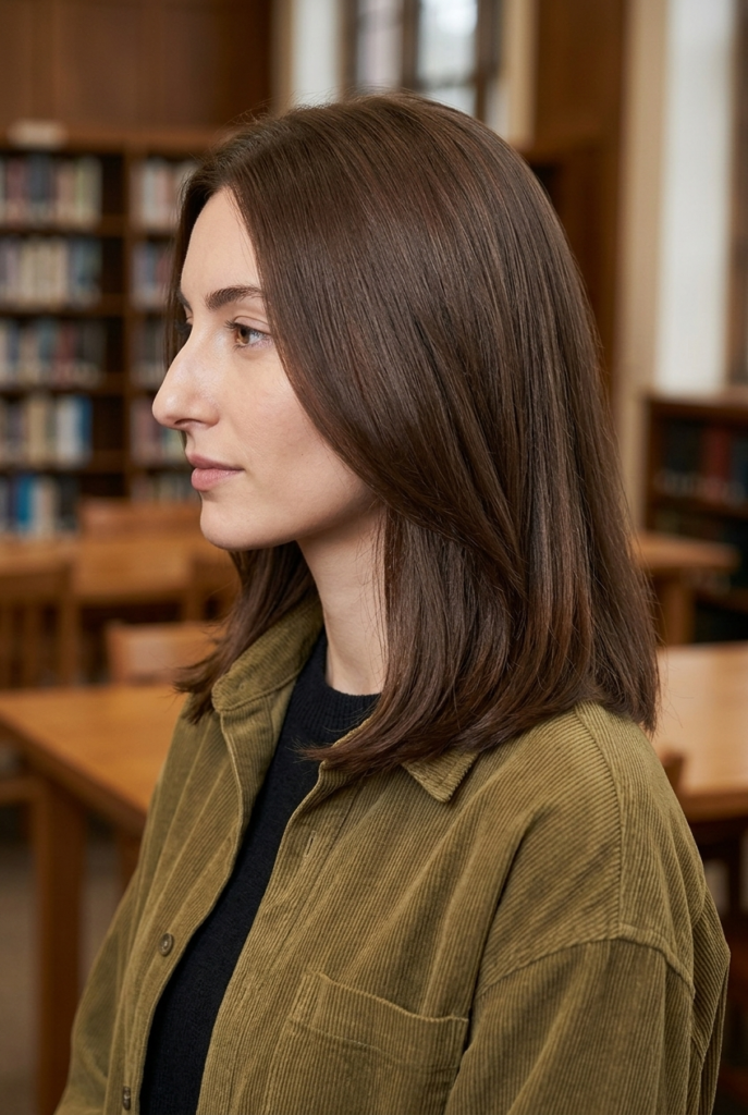Woman with neutral winter walnut brunette hair wearing a corduroy overshirt in a library