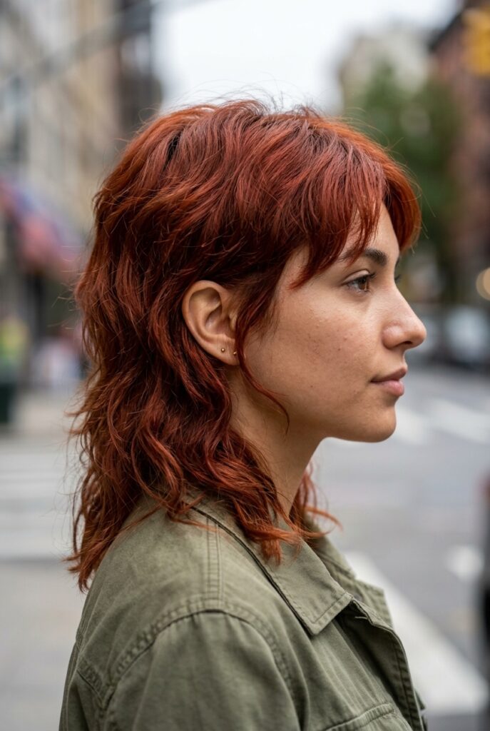 Wolf cut haircut with choppy layers on an oval face