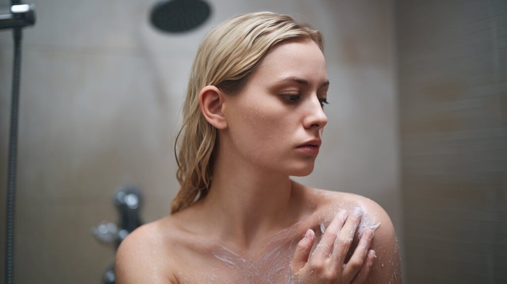 Woman Exfoliating her Body