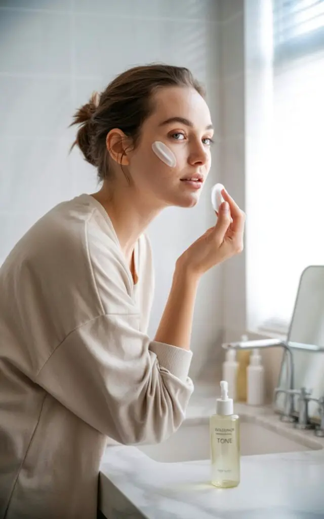 Woman applying balancing toner to her face for oily skin
