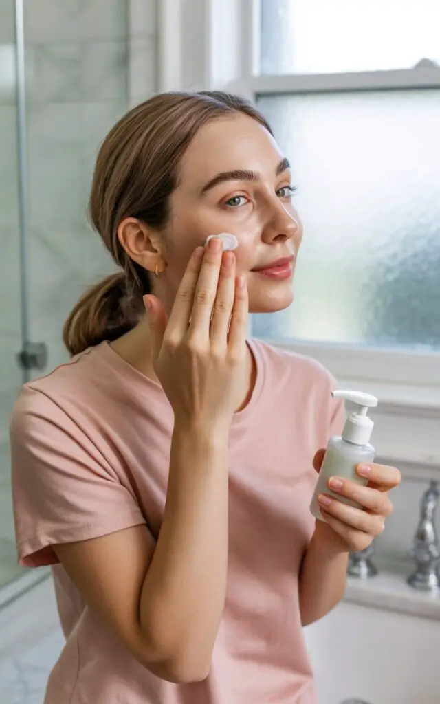 Woman applying lightweight moisturizer to her face for oily skin