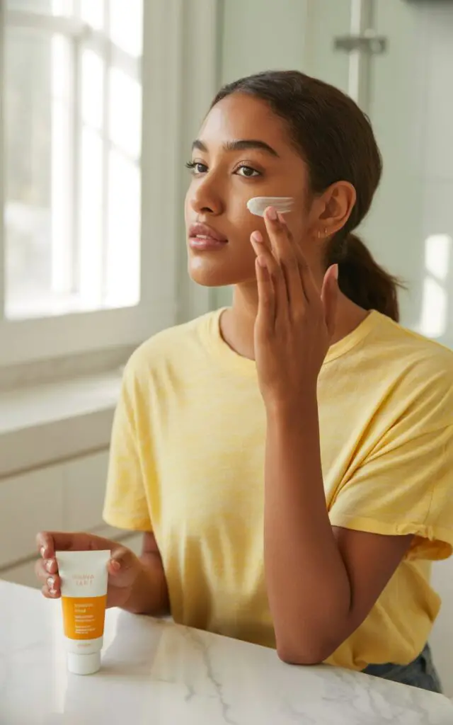 Woman applying mattifying sunscreen to her face for oily skin