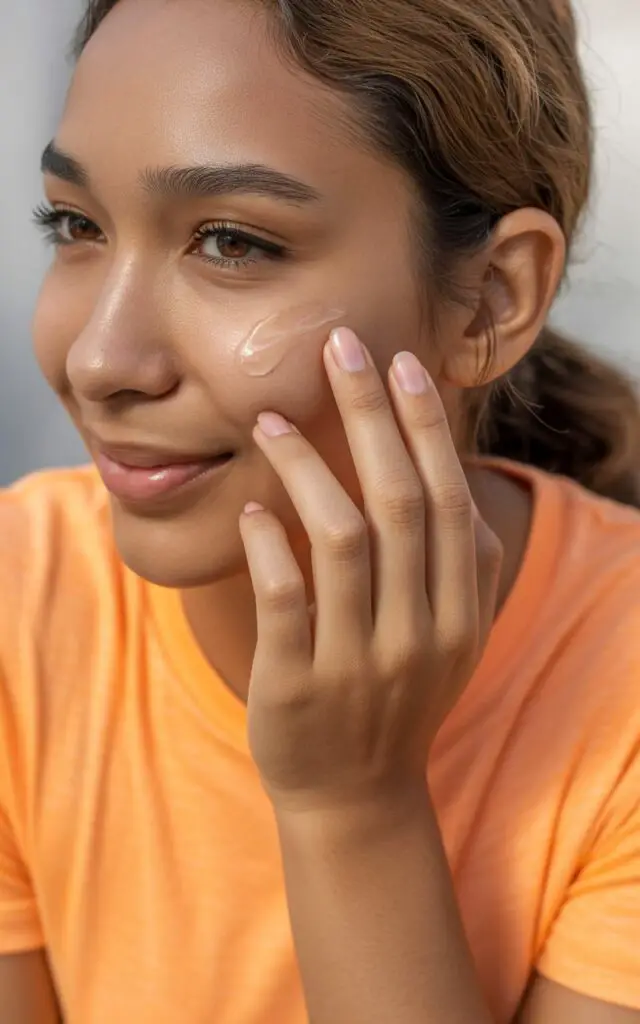 Woman applying niacinamide serum to her face for oily skin