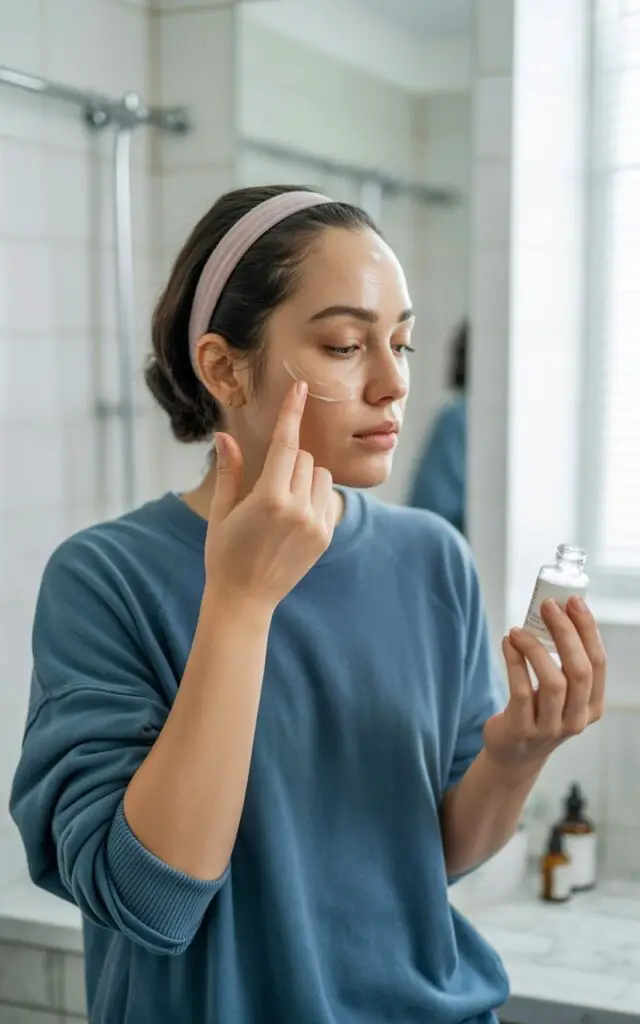Woman applying retinol treatment to her face for oily skin