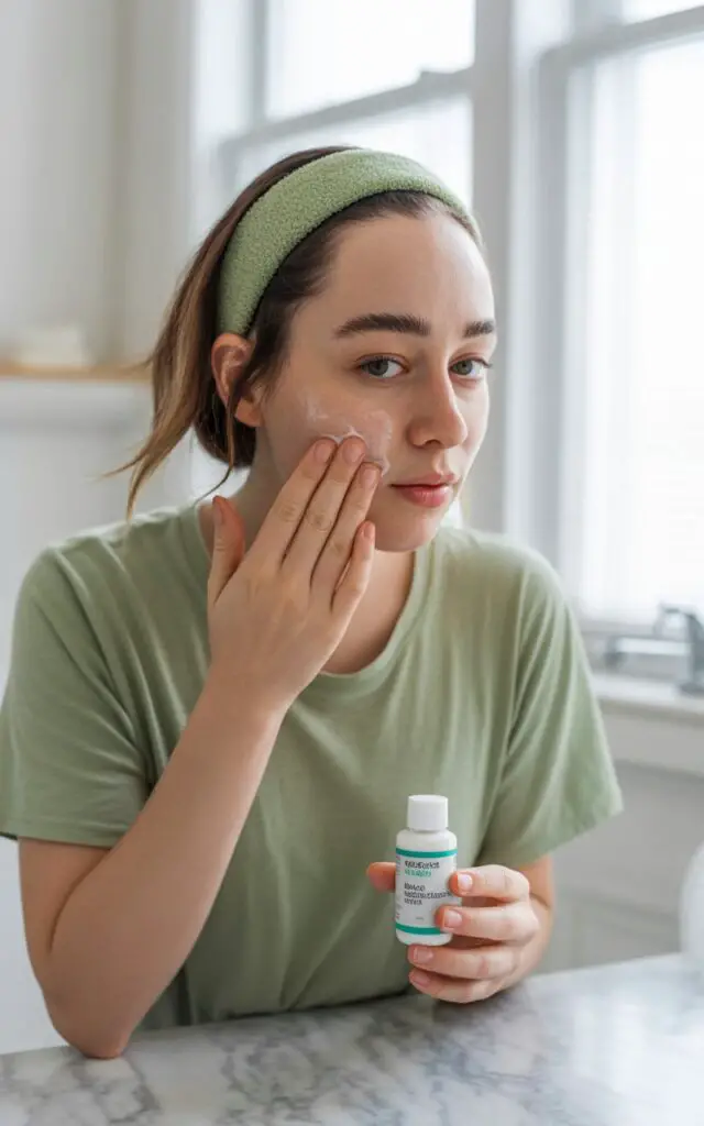 Woman applying salicylic acid exfoliant to her face for oily skin