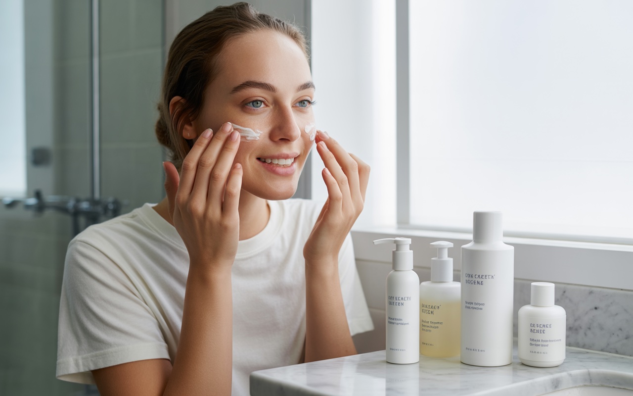 Woman applying skincare essentials at home for oily skin with glowing healthy complexion