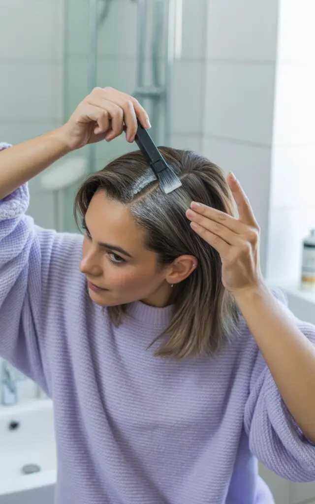 Woman applying temporary gray blending product to her hair roots