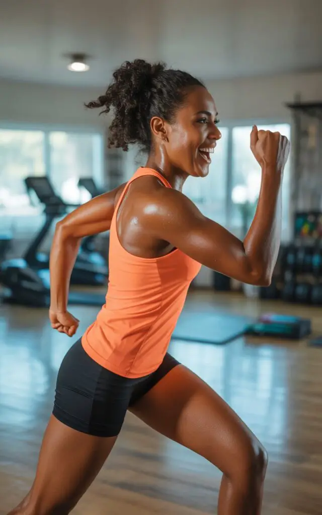 Woman doing high-energy soca dance moves during Zumba workout at home