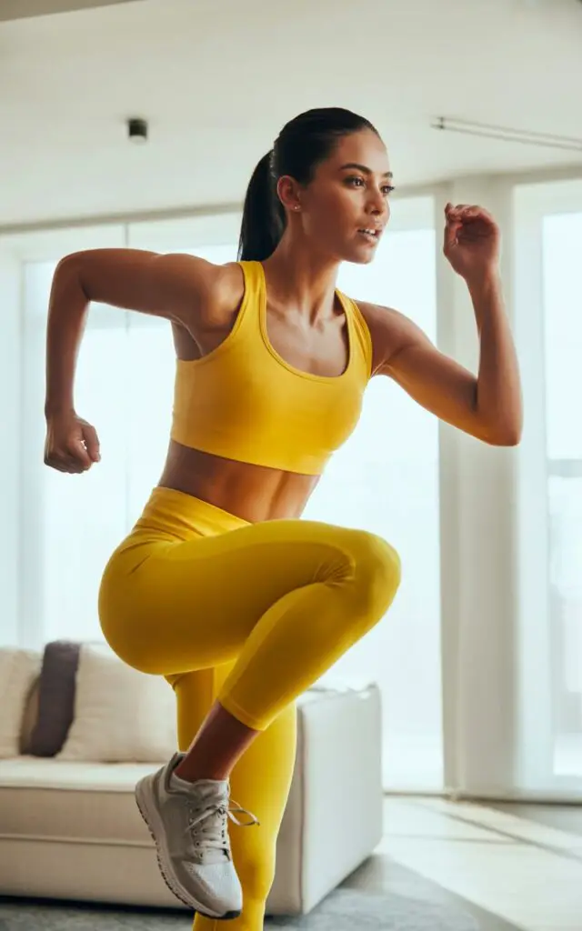 Woman doing high knees exercise at home to blast belly fat and tone core
