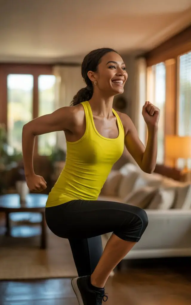 Woman doing merengue march during Zumba workout at home